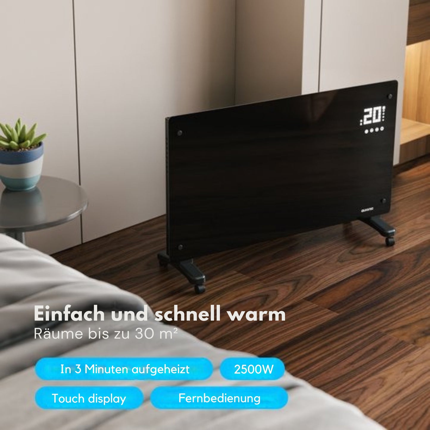 Auronic Electric Konvektor-Heizung - Mit Thermostat und Fernbedienung - Glasheizung - 2500W Heizung - Schwarz