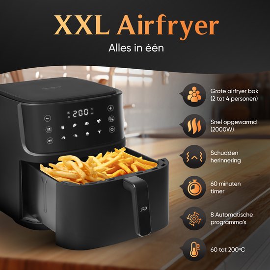 JAP Appliances Ascension - Airfryer XL - Heißluftfritteuse XXL - 2000W - 7,6L Kapazität - 60ºC bis 200ºC - Schwarz