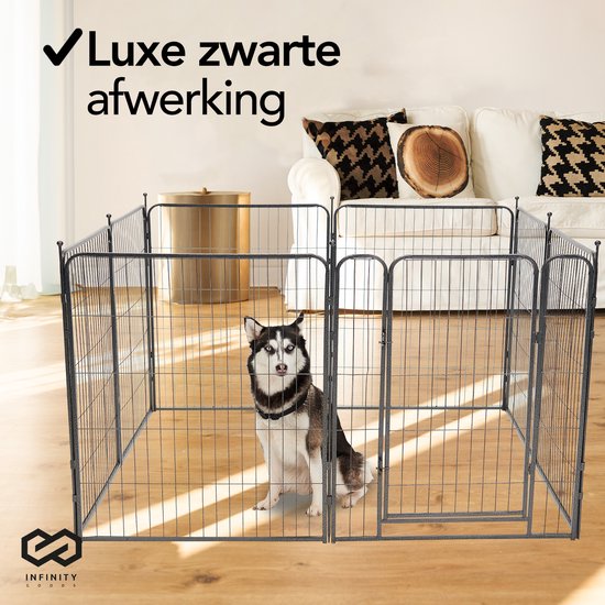 Infinity Goods Hundeauslauf - Welpenauslauf - 8 Paneele - 80 x 80 CM - 640 CM Umfang - faltbar - mit Tür - Stahl - Schwarz