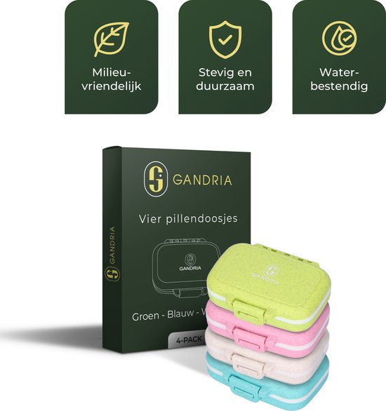 Gandria Pillendose 4er Set - Medikamentenbox mit 3 herausnehmbaren Fächern - Aufbewahrungsbox aus Bio-Grain-Faser - Medikamentenbox wasserdicht - Aufbewahrungsbox für Pillen und Medikamente - Medikamentenbox 12 Fächer