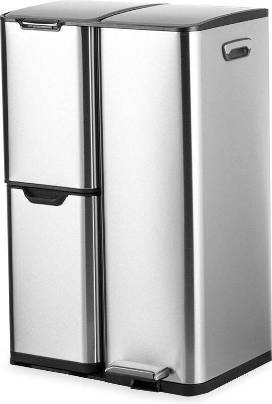 Bayt Mülleimer - Mülleimer 60 Liter - Mülleimer 60 Liter - Treteimer 60 Liter - Mülleimer Mülltrennung - Mülleimer 3 Fächer - Mülleimer - Edelstahl - Silber