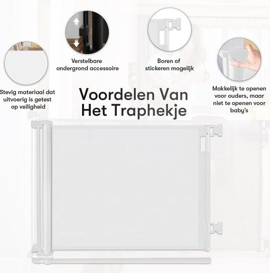 Aufrollbares Treppentor mit Stickerfunktion - Sicherheitstor - Verstellbar - Hundetor - Treppentor ohne Bohren - Kindertor - Für Tiere und Kinder - 10 bis 150 cm breit - Weiß - Sweet Sprout