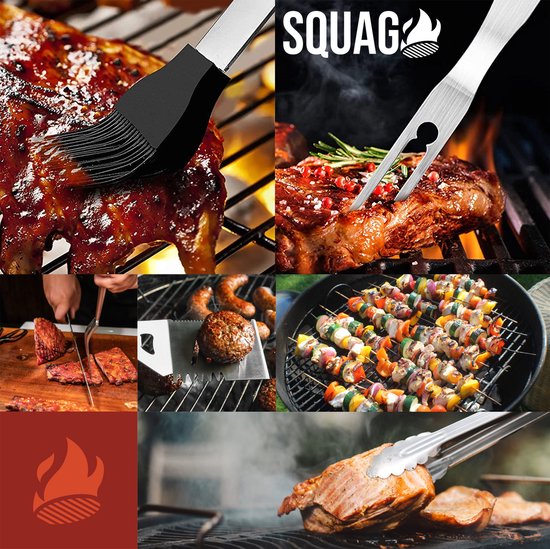 Squago BBQ-Zubehör XXL Set mit Schürze - Werkzeuge - Werkzeugset Zange Bürste Matte