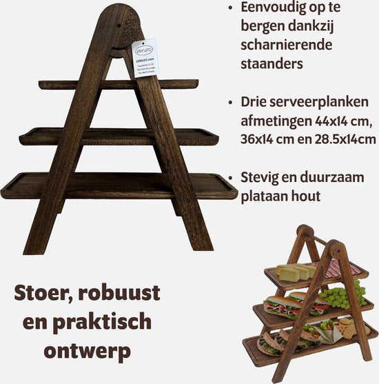 Ceruzo Etagere Platanenholz - 3 Lagen - Höhe 42 cm - Leichtgewicht - Servierturm - Servierbrett - High Tea