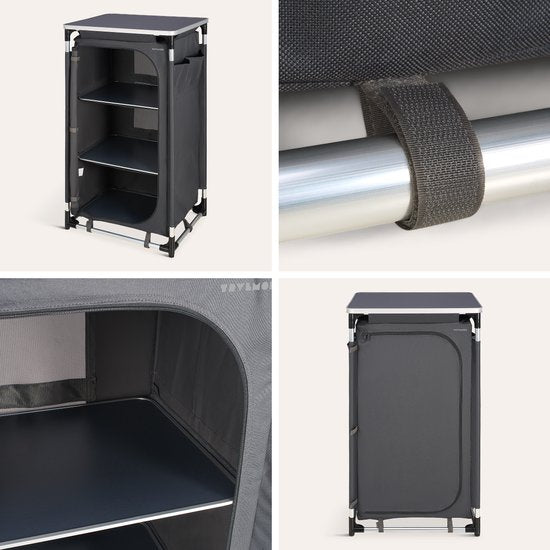 TRVLMORE Campingschrank XL - Campingküche - 90KG Tragkraft - Aluminiumrahmen - faltbar - Inkl. Tragetasche - 50x60x97CM - Grau