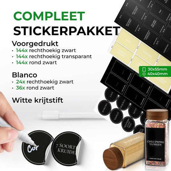 Soothe 24 Glasgewürzdosen quadratisch mit Akaziendeckel - 2 Arten von Streudeckeln - Gewürzstreuer - Gewürzdosen - Komplettset inkl. Gewürzsticker, Kreidestift und Zubehör - 120ml