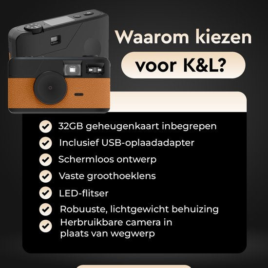 K&L Digitalkamera - Bildschirmlos - Wiederaufladbar - 16.000 Fotos - Fotokamera - Vintage - Inklusive 32GB - Langlebig - Braun