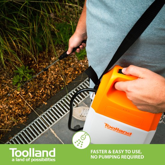 Toolland Drucksprüher, elektrisch, Akku, Teleskoplanze, verstellbarer Sprühkopf, Schultergurt, 6 Liter, weiß/orange/schwarz