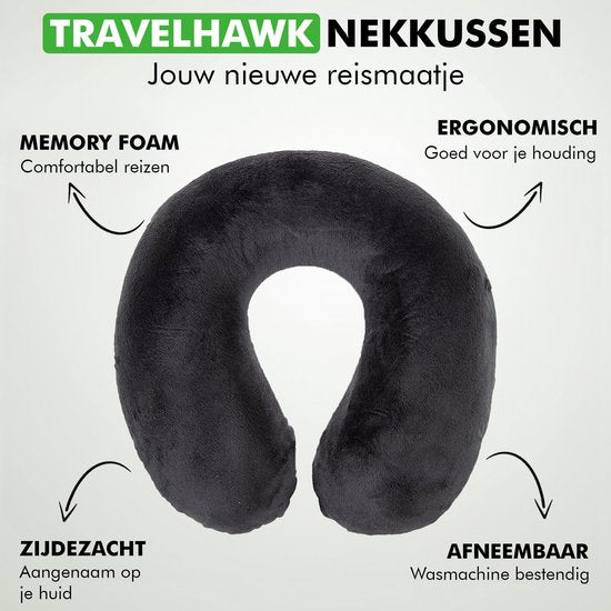 Travelhawk Nackenkissen - Luxuriöses Reisekissen - Memory Foam - Nackenkissen Flugzeug, Auto, Bus, Zug und Camping - Nackenkissen - Schwarz