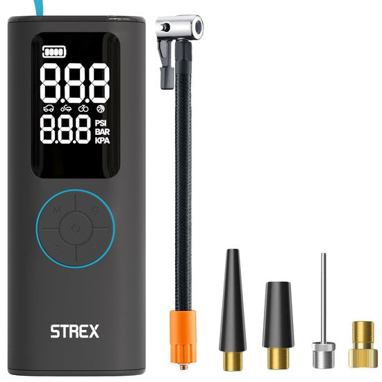 Strex Elektrische Reifenpumpe - Kabelloser Mini-Kompressor 3-in-1 - Auto, Fahrrad, Roller, Ball & Luftmatratze - bis zu 10,5 bar / 150 PSI - 30L/min - 8000 mAh Powerbank & Taschenlampe