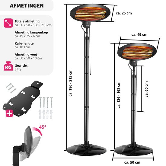 tectake - Infrarotheizung - Heizung mit Ständer oder Wandmontage - Wärmelampe für den Wickeltisch - Heizung für das Badezimmer - Infrarotheizung für die Terrasse - Elektrische Heizung - 2000W - 3 Stufen