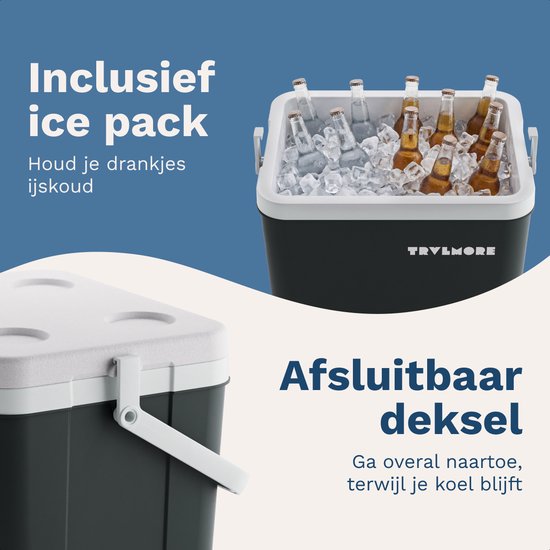 TRVLMORE Cool Box 26L - 65-Stunden-Kühlung - Kühlbox - Inklusive 2 Kühlelemente - Anthrazit