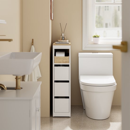 SoBuy Toilettenschrank 20 cm, Badezimmerschrank mit 3 Schubladen, kleiner Toilettenpapierschrank, mobiles Regal für Bad, WC und Küche, weiß, 60 x 20 x 82,3 cm