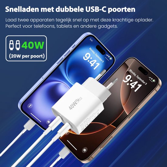 USB-C-Ladegerät - 40W - mit 2x USB-C-auf-USB-C-Kabel - Schnellladegerät - 2 Ladeanschlüsse - Weiß - von Faas