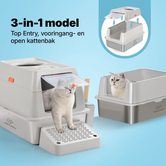 Jake und Jacky Edelstahl Katzenklo Hop In - Katzentoilette Edelstahl - Inkl. Katzenklo Schaufel mit Halterung und Streusammelschritt - Top Entry - 3 in 1 offenes Katzenklo mit abnehmbarem Deckel - 60x40x38cm