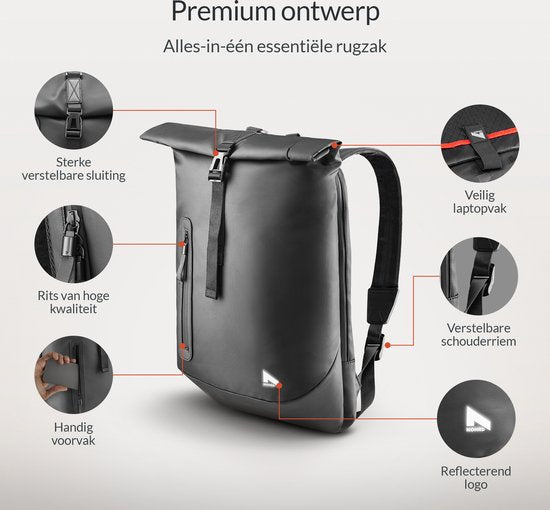 NOHRD Waterproof Rolltop Backpack Black - Rucksack Männer & Frauen - Wasserdicht - Rucksack mit Laptopfach - Wasserdichter Rucksack Laptop - Rucksäcke