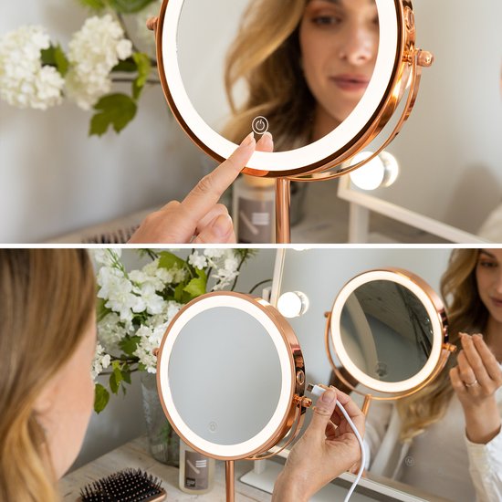 Mirlux Make-up-Spiegel mit LED-Beleuchtung - 10-fache Vergrößerung - Rasierspiegel Small On Foot - 3 Lichtstufen - wiederaufladbar - Vergrößerungsspiegel Pink Gold