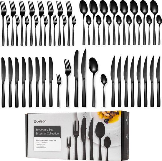 Deleca 8 Personen Besteck-Set Essential (48 Teile) - Löffel, Messer, Gabeln, Steakmesser & Kuchengabeln - Spülmaschinenfestes Besteck - Glänzend Schwarz / Edelstahl