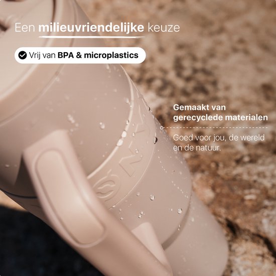 ONYX Trinkflasche mit Strohhalm 1 Liter - Wasserflasche für Kinder & Erwachsene - Thermoskanne Edelstahl Reisebecher - Motivationstrinker - Trinkbecher für die Schule - Sand Beige