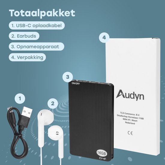 Audyn Voice Recorder - 200 Stunden Audioaufnahme - Fernabhörgerät - Diktiergerät - 360° HD-Aufnahmen - 16GB - Schwarz