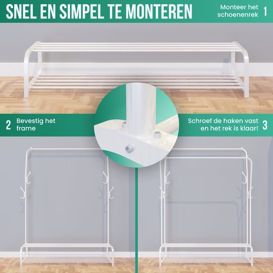 Avalo Industrieller Kleiderständer Doppelstab - Metall - 110x33x150 CM - Weiß - Aufbewahrung für Schuhe - Garderobenständer mit Haken