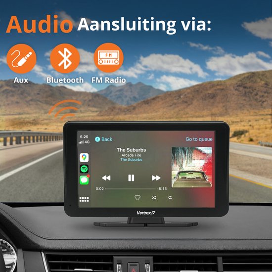 Vertrex Smart Car Display - Bildschirm kompatibel mit Carplay und Android Auto - Car Play - Kabellos - 7-Zoll - Touchscreen - Schwarz