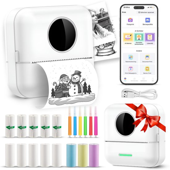Ilona Mini-Drucker für das Handy - Taschendrucker - Premium Mini-Fotodrucker - Tragbarer Smartphone-Drucker - Mobiler Fotodrucker - Stickerdrucker - Inkl. 5 Rollen Klebepapier + 5 Rollen weißes Papier + 3 Rollen farbiges Papier + 5 Stifte