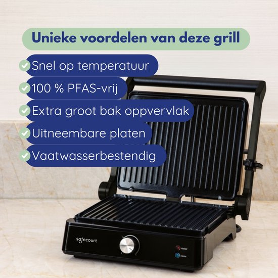 Safecourt Kitchen Toasted Sandwich Maker - Panini Grill und Toasted Sandwich Eisen - Abnehmbare PFAS-freie Platten & spülmaschinenfest - Große Grillfläche - Schnelle Hitze - Kontaktgrill - Schwarz