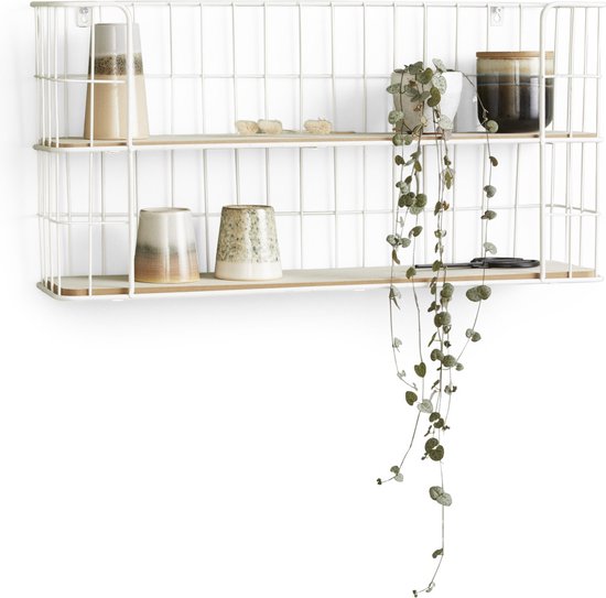 Lifa Living - Malaga Wandregal - Industrielles Bäckergestell - Rechteckiges Gewürzregal - Weiß - Metall & MDF Holz - Wandregal für Wohnzimmer, Schlafzimmer und Büro - 66,5 x 14,3 x 33,6 cm