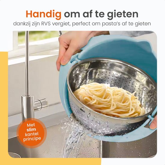 Goliving Salatschüssel - 2,5L - Ø 26 cm - Rührschüssel - Sieb - Bratschüssel mit Deckel - Servierschüssel - Gemüseschneider - Hackmesser - Blau