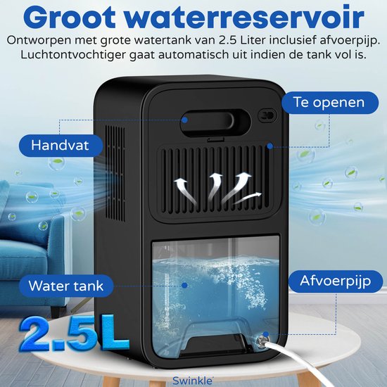 Swinkle® Luftentfeuchter und Luftreiniger - Bis zu 1L pro Tag - Geeignet für Wohnzimmer, Schlafzimmer, Badezimmer - Mit LED Bildschirm - Schwarz