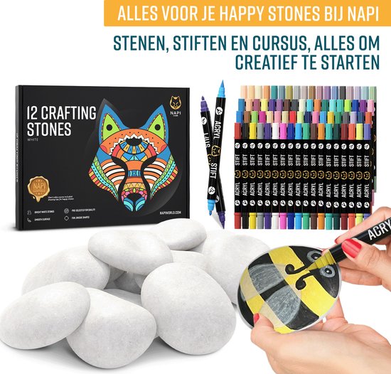 NAPI Happy Stones Steine - 12 weiße Kieselsteine - Inklusive Kurs: Malerei Steine - Glatte glatte Kieselsteine - Paket - Strand Kiesel - 4 bis 8cm - Weiß