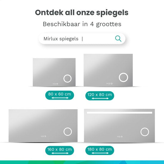 Mirlux Badezimmerspiegel mit LED-Beleuchtung & Heizung - Rechteckiger Wandspiegel - Anti-Kondensations-Duschspiegel - 160x80CM