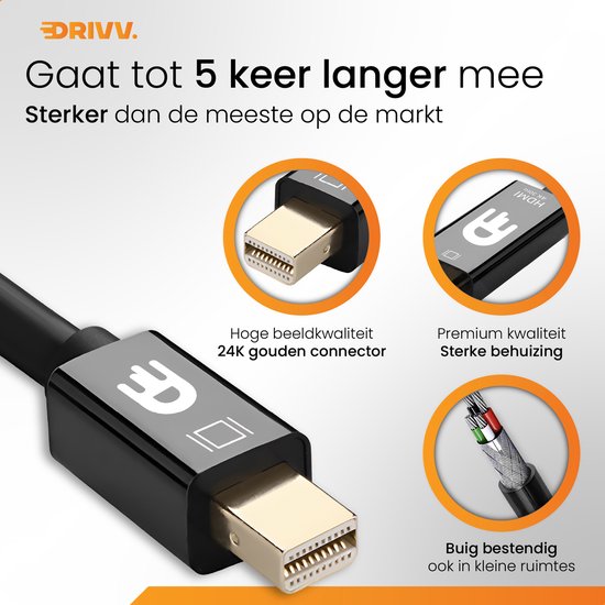 Drivv. Premium Mini DisplayPort zu HDMI Kabel - Thunderbolt zu HDMI - Thunderbolt 1/2 - 4K 30Hz - Schwarz - 1,8 Meter
