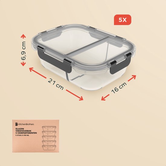 KitchenBrothers Meal Prep Trays Set - Mit Trennung - Glas Lebensmittel Lagerung Schalen - Zwei Fächer - Luftdicht - BPA frei - Gefrierschrank Schalen - Lagerung Schalen - 5L - Glas - 5 Stück
