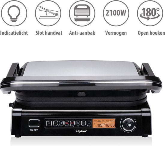 alpina Contact Grill 2100W - Sandwichgerät mit 7 Grillständern - Tischgrill mit herausnehmbaren Platten - Panini Grill 37,6 x 33,1 cm - Antihaftbeschichtung - Edelstahl/Aluminium