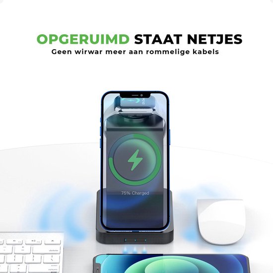 iSETCHI - Kabelloses Qi & Magsafe Ladegerät 3-in-1 - 15 Watt - Schwarzer Kunststoff - Inklusive QC 3.0 Adapter - Für iPhone, Apple Watch & Airpods - Organisierter Arbeitsplatz