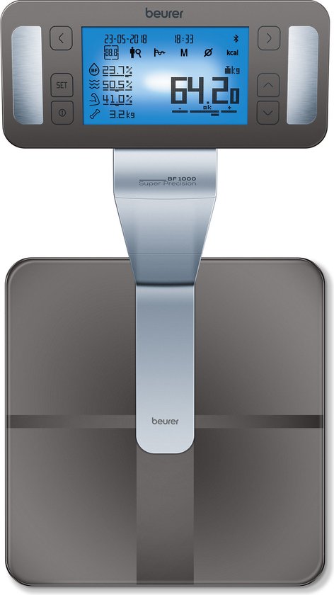 Beurer BF 1000 Superpräzisions-Personenwaage - Umfassende Körperanalyse - Säulenwaage - Beleuchtetes XXL-Display - Bis 200 kg - Kreuzmessung - 8 Elektroden - Bluetooth® - Beurer HealthManager Pro App - Inkl. Batterien - 5 Jahre Garantie