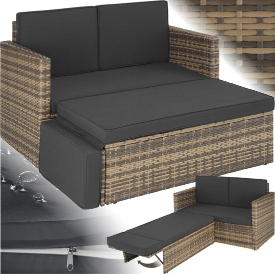 tectake® Lounge-Sofa aus Geflecht - Mit Ottomane - Für 2 Personen - Lounge-Sofa mit Sitz- und Rückenkissen - Wetterfest - Ideal für Terrasse, Wintergarten und Balkon - Maße Sofa (LxBxH) 119 x 64,5 x 71,5 cm - Natur