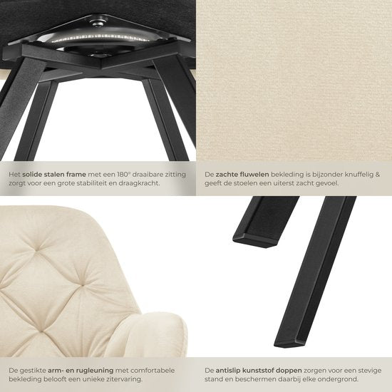 tectake - Drehstuhl - mit Arm- und Rückenlehne - 180-Grad-Drehung - Moderner Stuhl mit Stahlbeinen - Samt - Creme