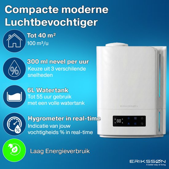 Erikssøn Luftbefeuchter Hydra Comfort - 6 Liter - Geeignet für Wohnzimmer, Büro, Schlafzimmer, Babyzimmer - Mit Aromatherapie - Weiß