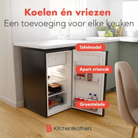 KitchenBrothers Kühlschrank - 88L Kühlfach - 14L Gefrierfach - Eisfach - Frigo - Freistehend - Schwarz