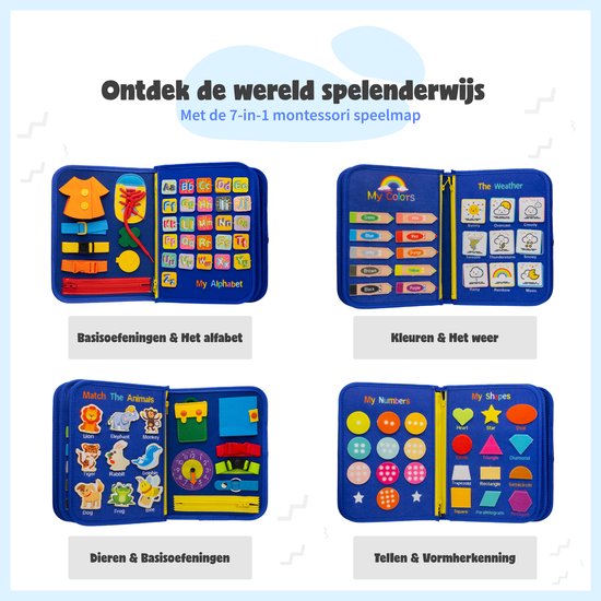 MontiPlay® Montessori-Spielzeug - Sensorisches Spielzeug - Activity Board - Busy Board - Montessori-Aktivitätsbuch für Zuhause - Pädagogisches - Sensomotorisches Spielzeug - Blau