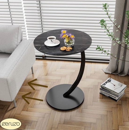 Ceruzo Beistelltisch - Schwarz marmorierte Platte - Rund 40 cm - Hoch 60 cm - Bank Tisch- C Form