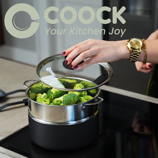 COOCK 19-teiliges Induktionskochgeschirr-Set - Spezielle Antihaftbeschichtung - Ergonomische Kaltgriffe - Recyceltes Aluminium - Bratpfannen-Set - Kochtopf-Set - Schwarz/Weiß - Inklusive Untersetzer und E-Book