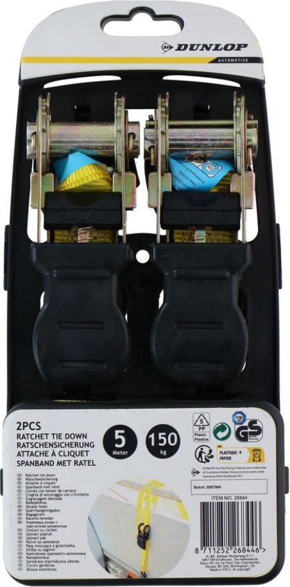 Dunlop Zurrgurt mit Ratsche - 2 Stück - 5 M - bis zu 150 KG - Gelb