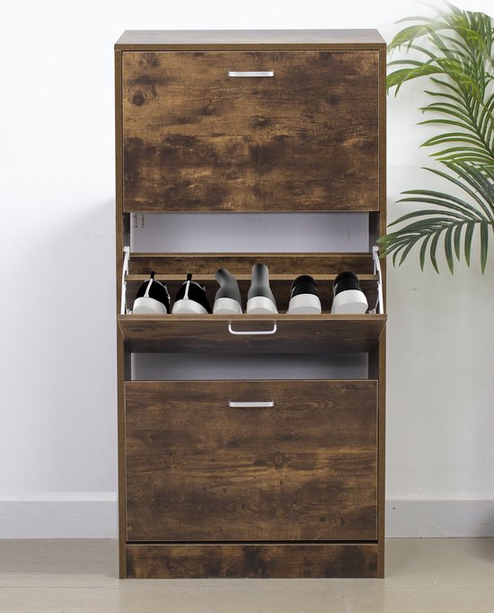 Schuhschrank - Schuhregal - 3 Fächer mit Klapptüren - dunkelbraun nussbaumfarben