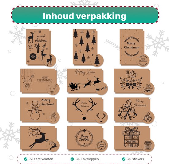 Giftmas - Weihnachtskarten - Grußkarten - 36 Stück - Mit Umschlägen und Aufklebern - 10x15cm - Braun