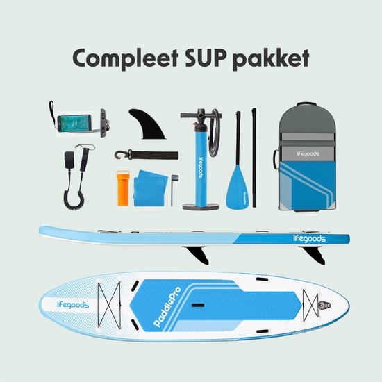 LifeGoods SUP Board Tandem - 2 Personen - 220 KG Belastbarkeit - 381 x 86 cm - Aufblasbar - Komplettes SUP Paket - Himmelblau