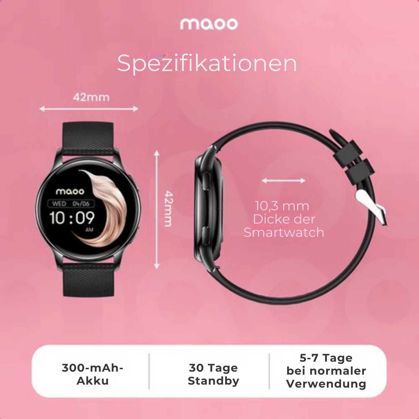 Maoo Ventura AMOLED Smartwatch - Damen - Edelstahl und 3x Silikonband - Schrittzähler - Herzfrequenzmesser - Schlafüberwachung - Multisport - Für Android und iOS - Schwarz